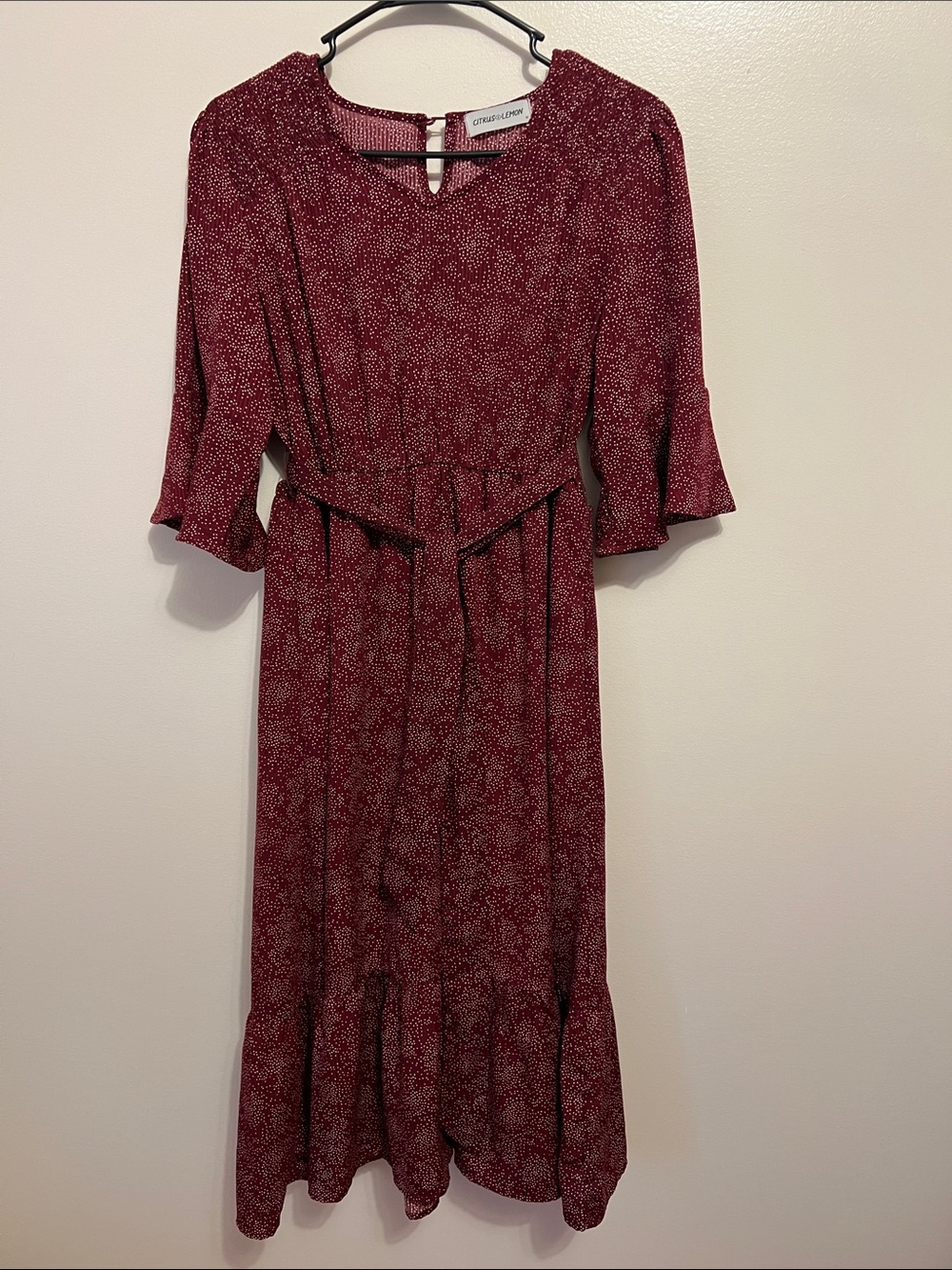 Citrus & Lemon Wine Red Printed Midi Dress with Waist Tie